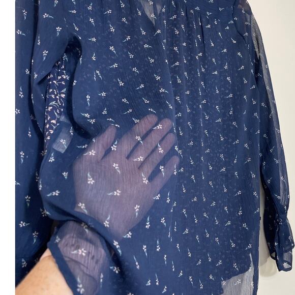 Lucky Brand Women's Small Navy Long Flare Sleeve V Neck Sheer Back Floral Blouse - Picture 6 of 7